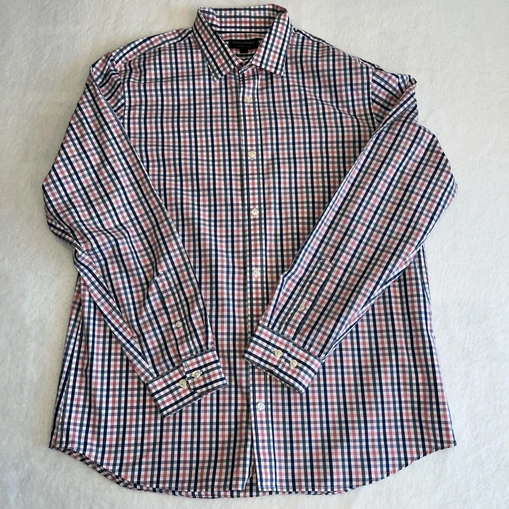 Banana Republic Shirt Men's XL 17-17.5 35-36 Red/Blue Check Non-Iron Slim Fit